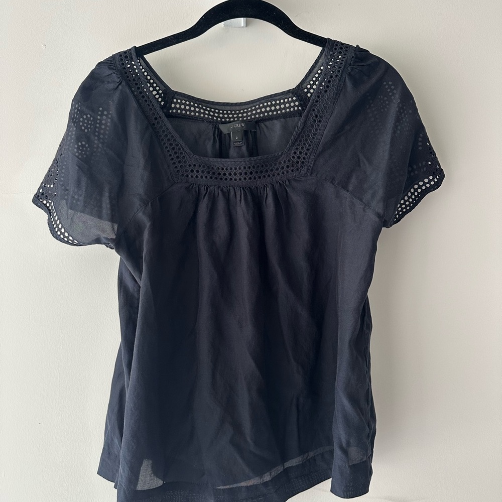 J. Crew Navy Silk Eyelet Top
